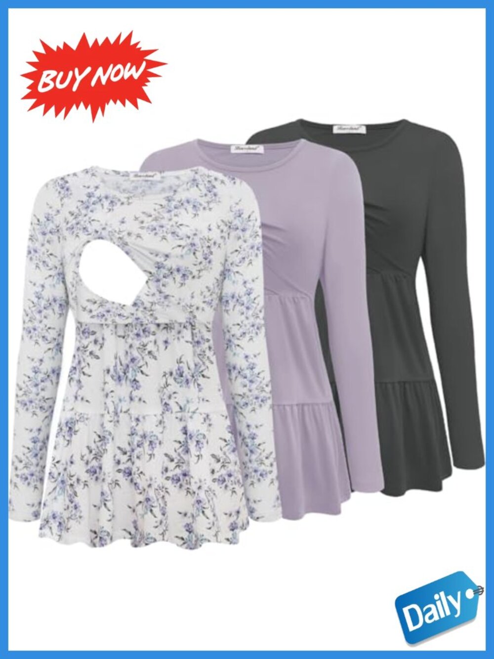 Nursing Top Long Sleeve Scoop Neck Pleated Breastfeeding Shirt